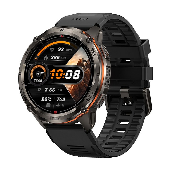 KOSPET 5ATM IP69K 방수, 스테인리스 스틸 바디, 듀얼 주파수 GPS, 470mAh 블루투스 통화 기능, Tank T3 Ultra 2 스마트워치, GPS  블루투스, 3.63cm, black