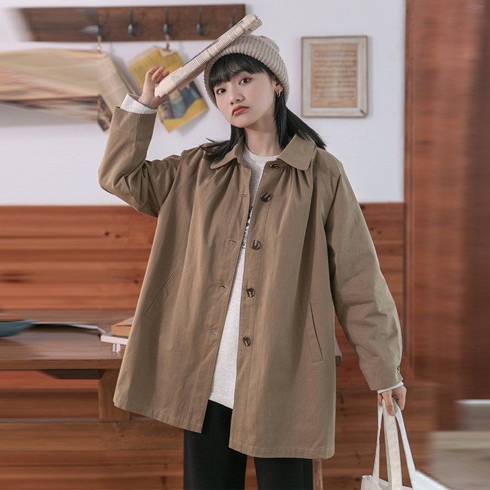 POMTOR 여성 클래식 무지 캐주얼 루즈핏 트렌치 데일리 카라 면 트렌치 코트