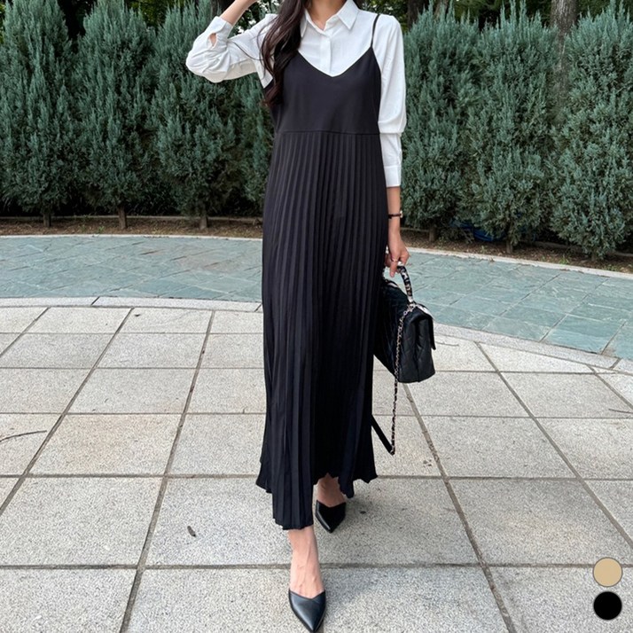 끌로이 여성 뷔스티에 롱 원피스 플리츠 나시 스커트 레이어드 하객룩 데이트룩 봄 가을