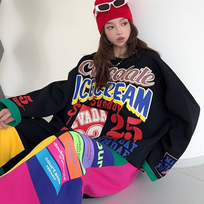 여성 캐주얼 라운드 썬데이25 레터링 와이드 맨투맨 긴팔 티셔츠