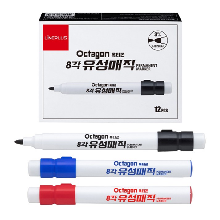 라인플러스 옥타곤 8각 유성매직 굵은 둥근닙 3mm 12개입 빨강
