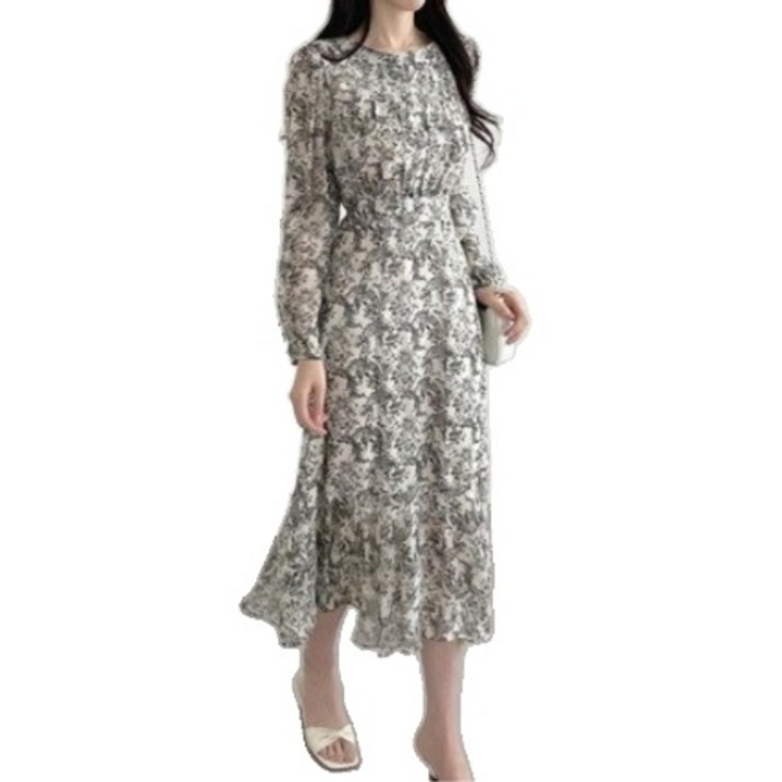 플라워 쉬폰 롱 원피스 여성용 가을 하객룩 슬림핏 프릴 디자인