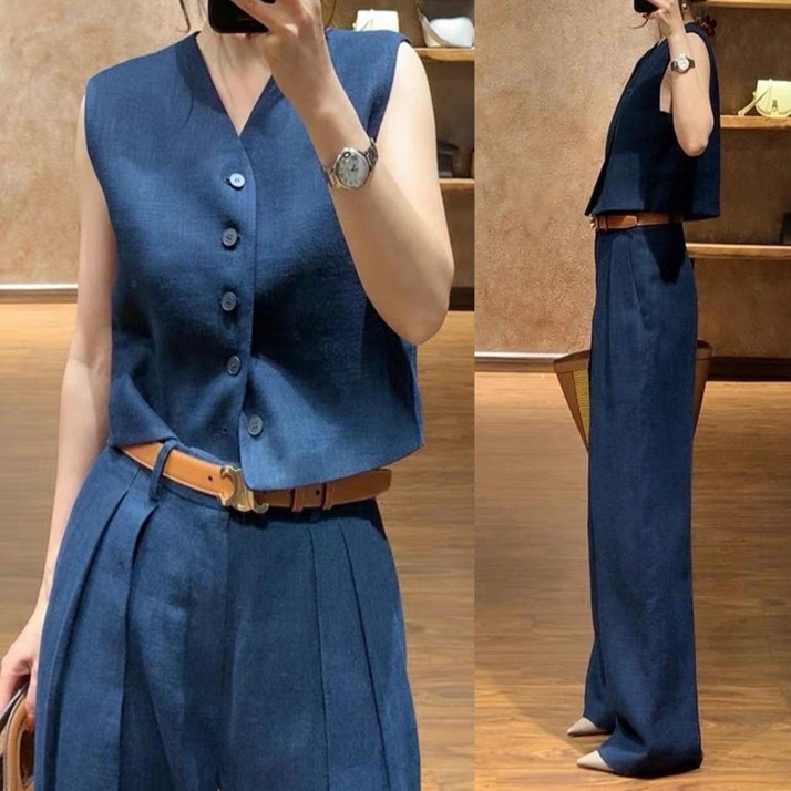 에쥬아 여자 여름 오피스룩 정장조끼+와이드팬츠 세트 오피스룩 하객룩