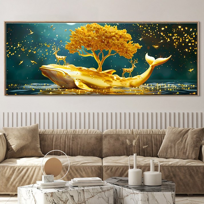 [인메이블] 돈들어오는 황금 고래 그림 거실 침실 인테리어 개업 집들이 이사 선물 대형 캔버스 풍수 돌고래 액자, 골드올림액자
