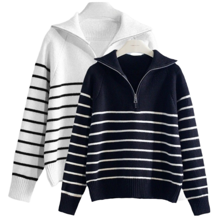 에이스 여성 솔리드 스트라이프 반집업 니트