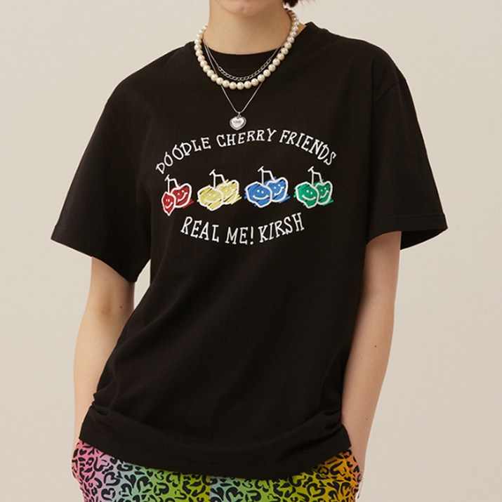 키르시 여성용 DOODLE CHERRY DRAWING PRINT 반팔 티셔츠 - 투데이밈
