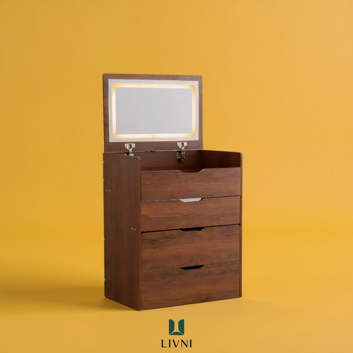 LIVNI 미니멀 화장대 일체형 수납장 LED조명, 월넛 브라운슬림  LED 거울