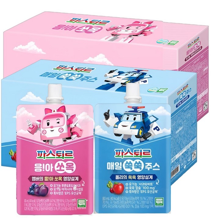 파스퇴르 (파스퇴르) 유아용 로보카폴리 과채주스 80ml 혼합2종 총20입 (쑥쑥10입+쏘옥10입), 80ml