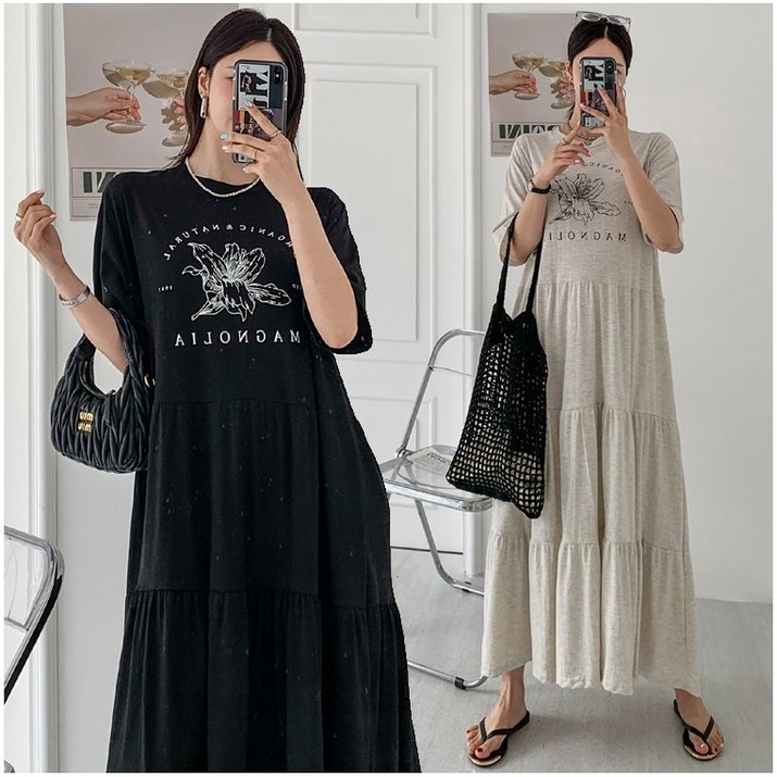 렛잇샤인 빅사이즈 노아 캉캉 프릴 데일리룩 캐쥬얼 반팔 롱원피스