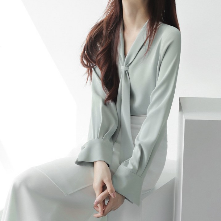 BLACK K7여성오버핏 브이넥 타이블라우스 베이식 데일리 쉬폰 셔츠