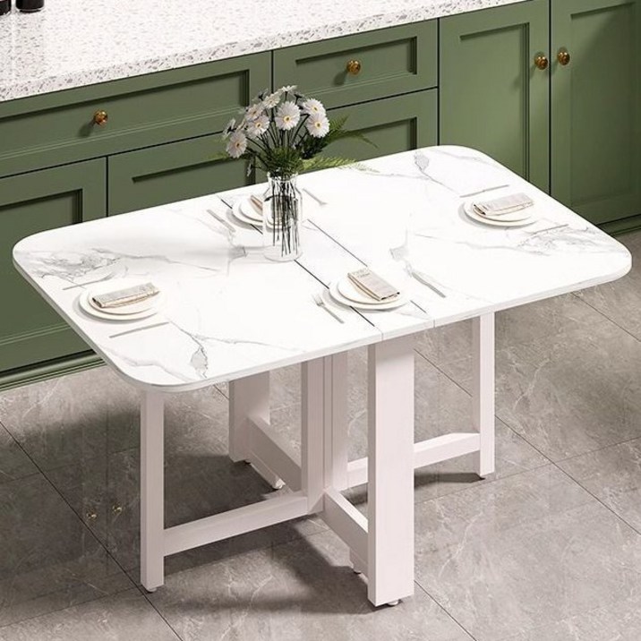 오아루 접이식 확장형 주방 식탁 테이블, 2인용, 마블 화이트화이트 프레임
