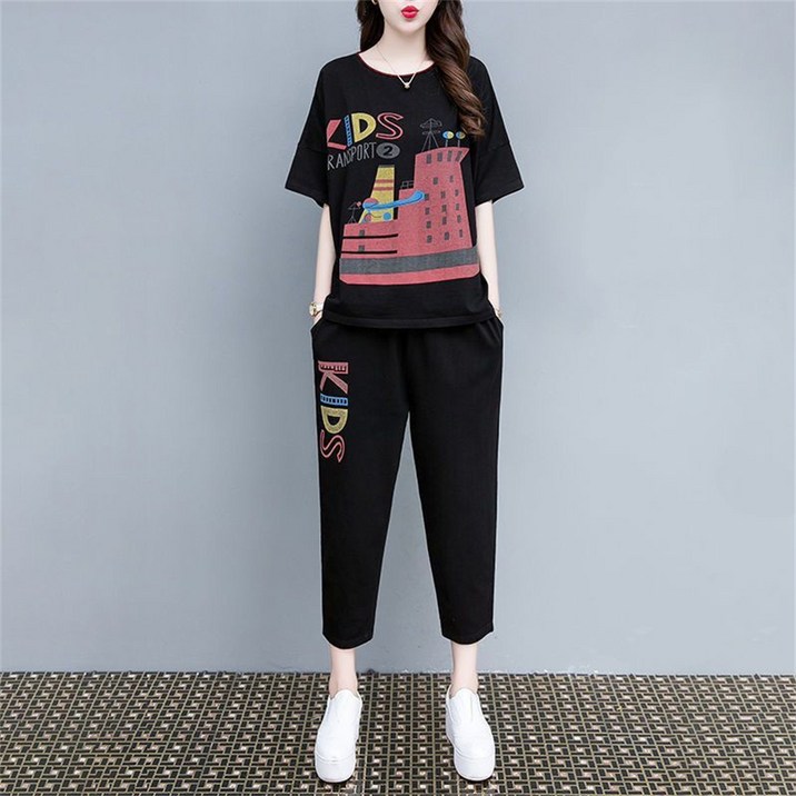 besteffie 고급 통근 여성 여름 캐주얼 세트 반팔 티셔츠 팬츠 면 소재 편안한 데일리 레트로 엄마 외출 일상복 K12