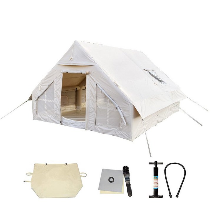 캠핑왕국 감성 캠핑 에어텐트 원터치 공기주입식 텐트, 베이지 채광창 포함, 굴뚝 개방