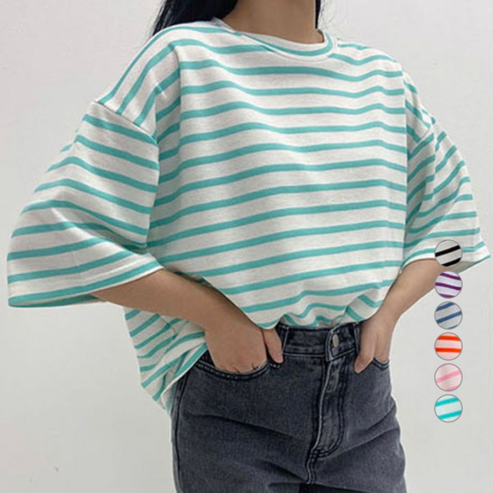 투데이앤룩 여성용 프레쉬 스트라이프 오버핏 반팔 티셔츠 3