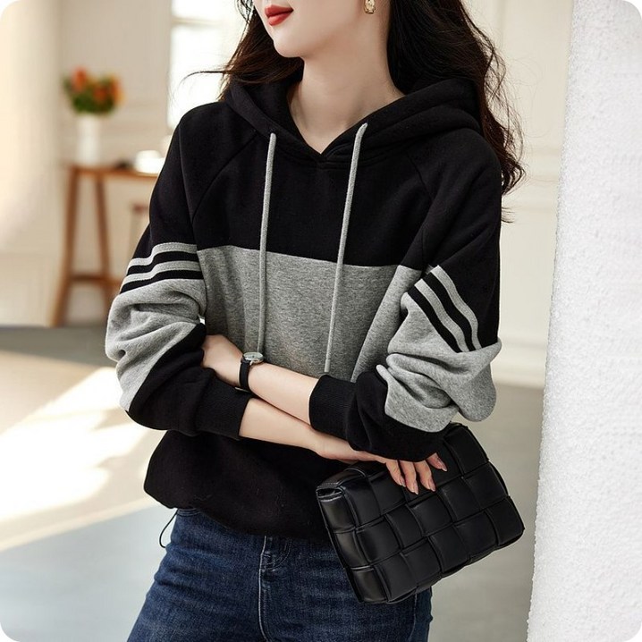 에쉬울프 여성 캐주얼 배색 라인 후드 긴팔 맨투맨 에쉬울프 여성 캐주얼 배색 라인 후드 긴팔 맨투맨