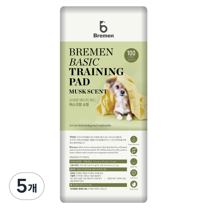 Bremen 베이직 강아지 배변패드 머스크향, 100개입, 5개