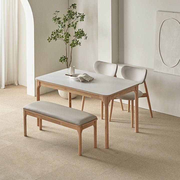 파로마 채튼D 통세라믹 원목식탁 + 의자 + 벤치세트 4인 방문설치, 화이트상판+내추럴원목, 일반 2 + 벤치 1