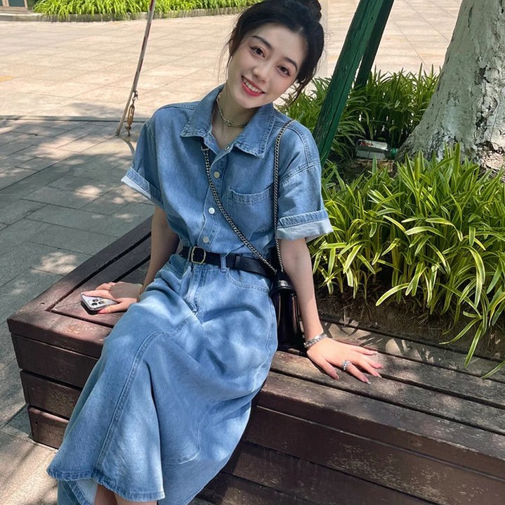 COSYEVNO  빈티지 데님 원피스 여름 하프 조임