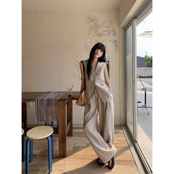 프렌치 여성 민소매 긴바지 투피스 세트 빈티지 브이넥 민소매 조끼  와이드 팬츠 여름 여자 상하세트 YSQ