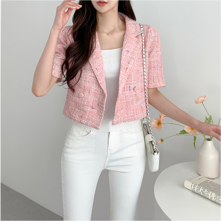 옥타비앙 반팔 트위드 카라 크롭자켓