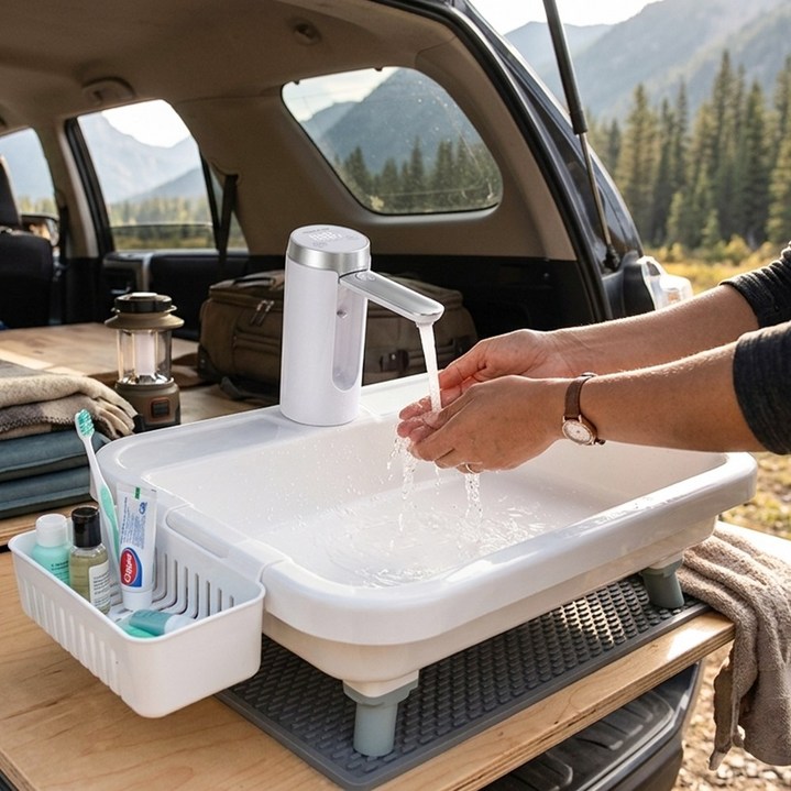 21세기트랜드 포터싱크 캠핑 세면대 차박 휴대용 개수대 워터 펌프 세트, 화이트