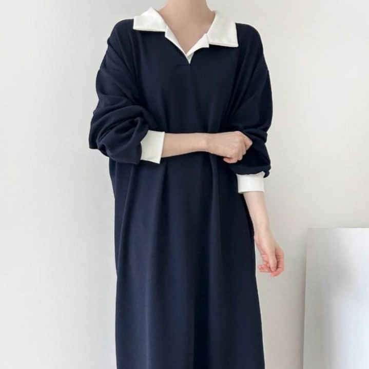 투디 여리핏 배색 카라 롱원피스 플레어원피스 빅사이즈 데일리룩 홈웨어 국내제작, 3컬러