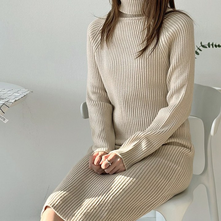 아이예스 여성용 봄 가을 롱 니트 원피스 터틀넥