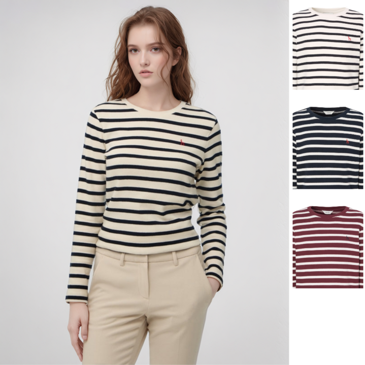 [국내매장정품]헤지스 여성 [면] 아이보리 스트라이프 로고자수 긴소매 티셔츠