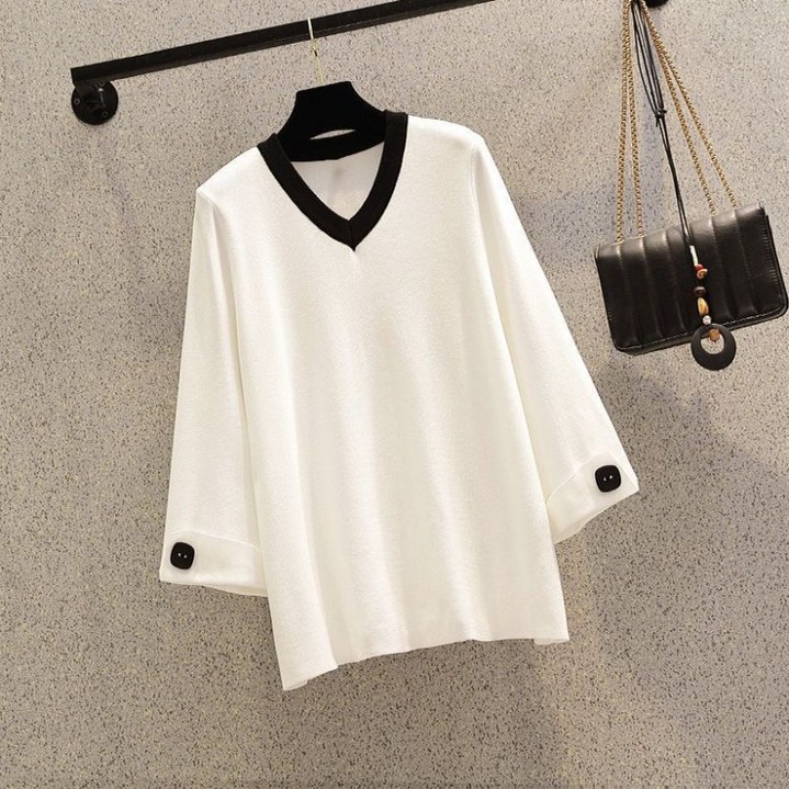 PEROLA 150kg까지 빅사이즈 여성 긴팔 티셔츠 봄 가을 오버핏 브이넥 배색라인 8부소매 티셔츠