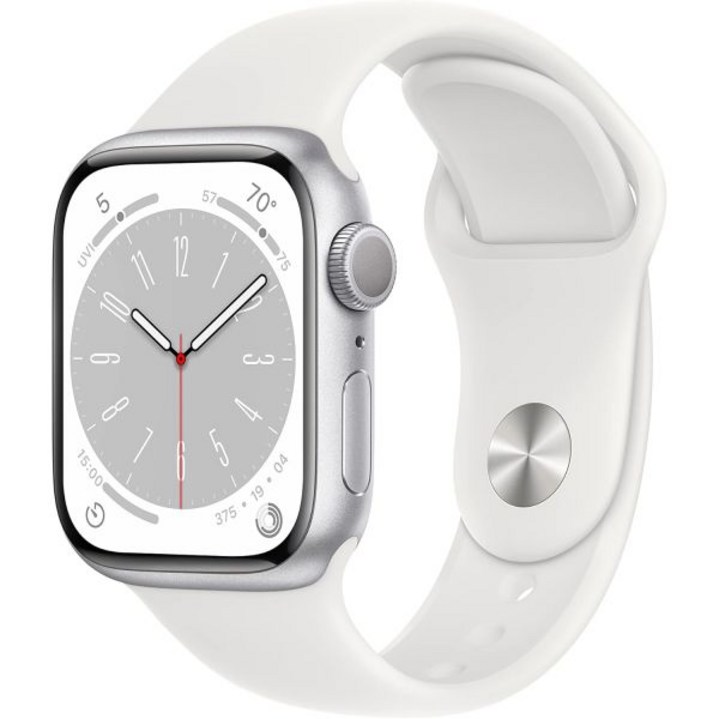 Apple Watch 시리즈 8 GPS, 41mm  흰색 스포츠 밴드가 있는 실버 알루미늄 케이스, ML갱신