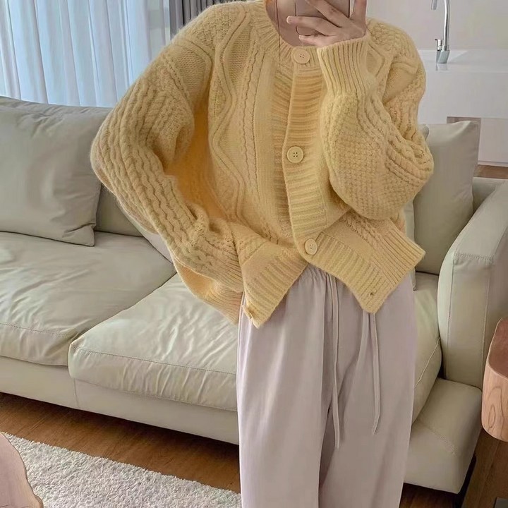 여성용 마켓에이 꽈배기 지그재그 가디건 R