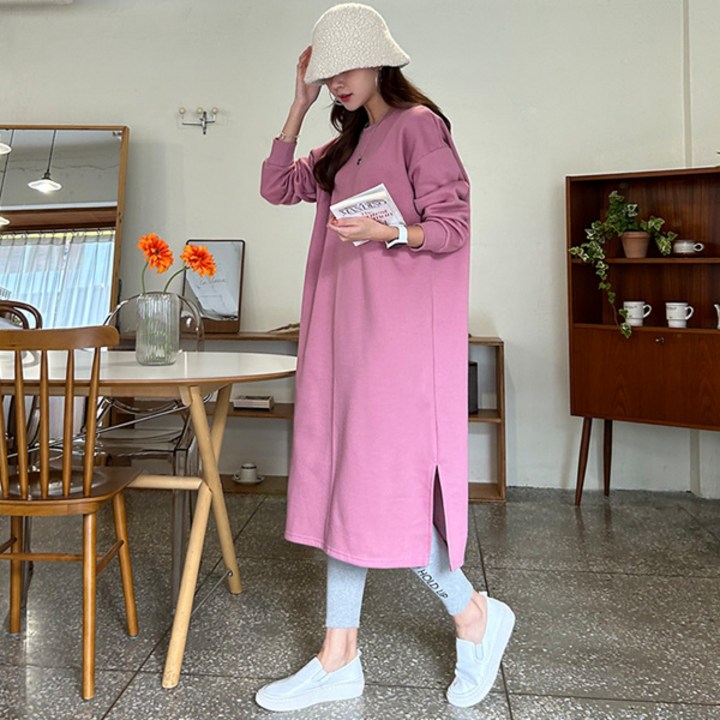 데이트임롱원피스기모 빅사이즈 오버핏 롱기장 무지원피스 기모원피스 겨울원피스 따뜻한원피스 옆트임 긴팔 라운드넥