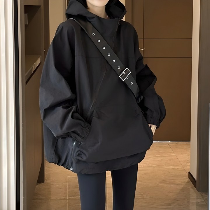 신상 코디 스타일리쉬 루즈핏 바람막이 여 사선 지퍼 마이너 후드 점퍼 여성코트 데님 자켓 봄 가을 긴팔 코디