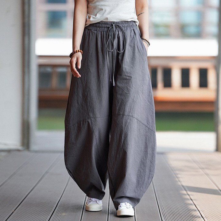 인어미남 남성 여름 빈티지 린넨 바지 얇은 면 마 와이드 팬츠 오버사이즈