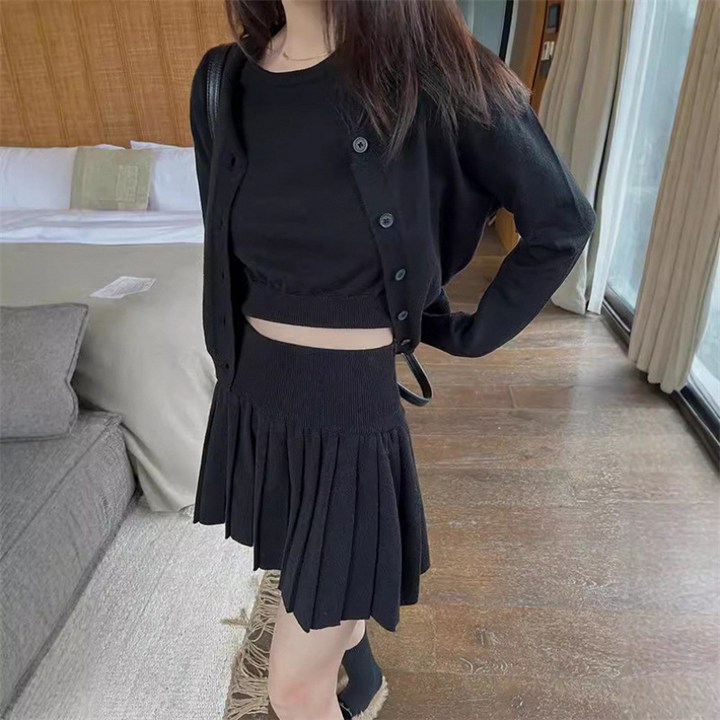 여성 니트 가디건 플리츠 스커트 세트 캐주얼 데일리 코디