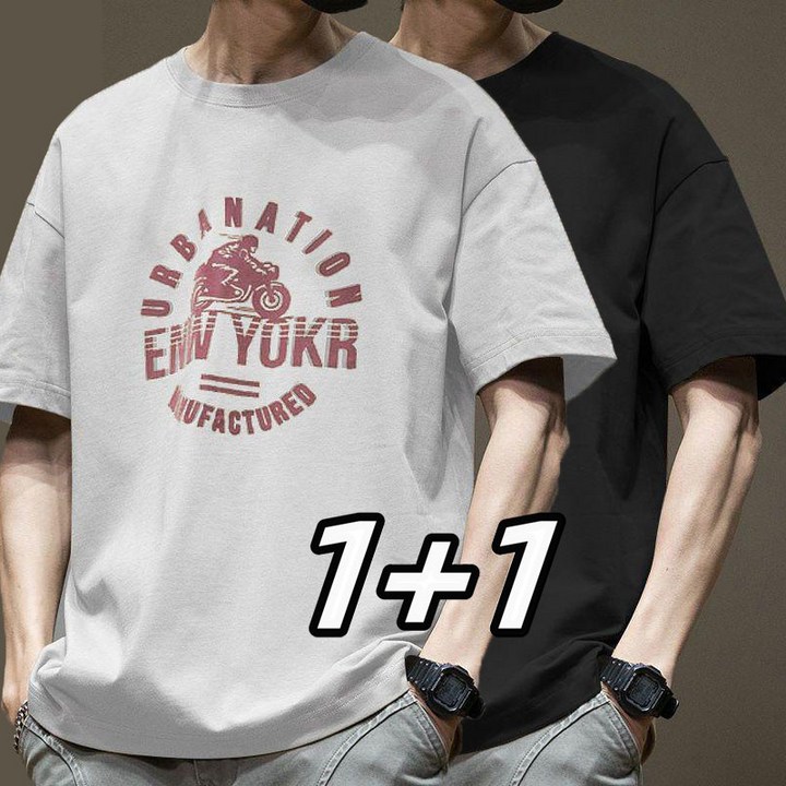 꽃소담 2장세트 남자 여름 순면 라운드넥 반팔티 프린팅 오버핏 반팔 티셔츠