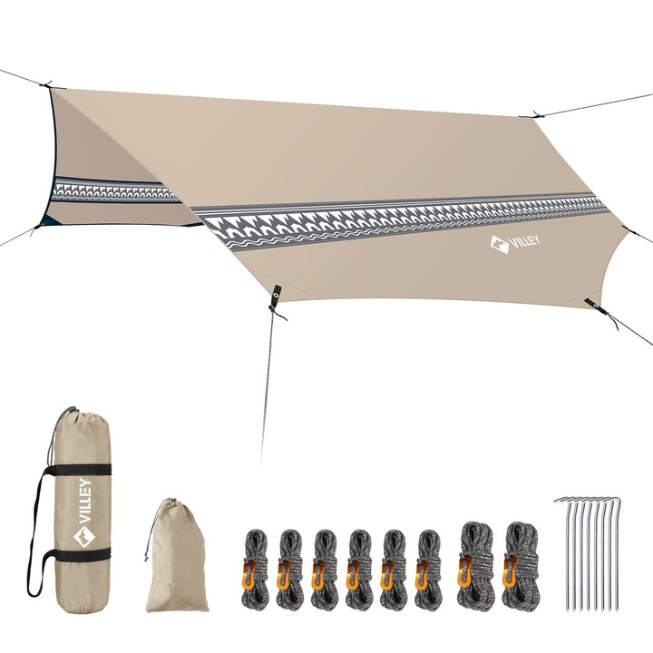 VILLEY 팔각형 다용도 방수 자와선 차단 캠핑 타프 24인용, 카키