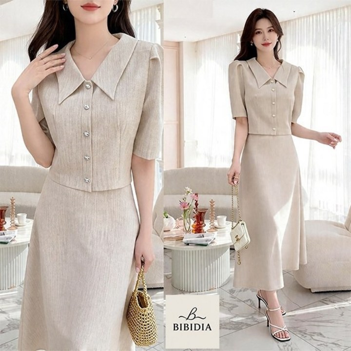 비비디아 여름 여성 정장 반팔 자켓 롱 투피스 결혼식 하객룩 캐주얼 오피스룩 치마 시원소재 상하복(S~2XL)8822