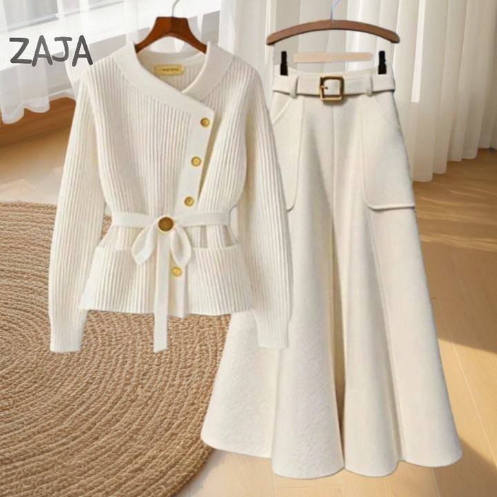 ZAJA 여성 가을겨울 베이직 스웨터 롱치마 세트 니트 + 스커트 투피스