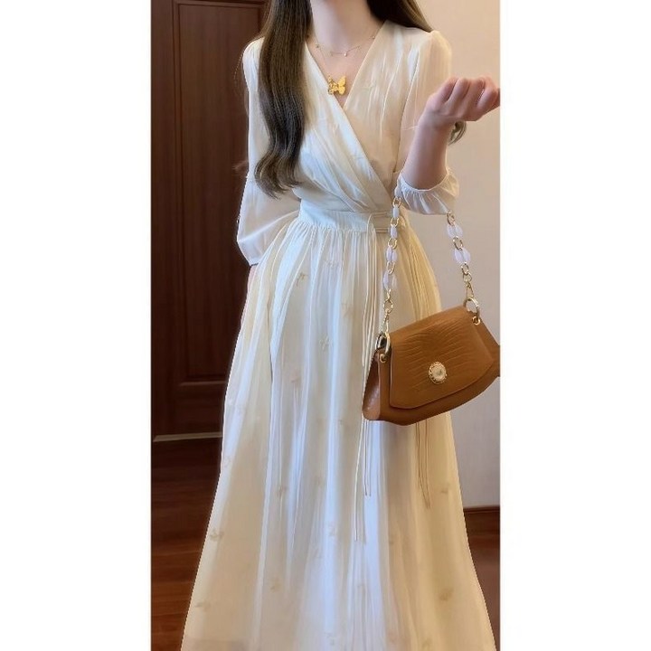 여성 봄 가을 긴팔 원피스 우아한 프렌치 드레스 여자 슬림핏 쉬폰 원피스 JS