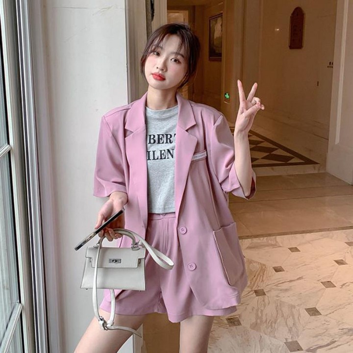 ROYALBELLE 여성 반팔 세미 정장 자켓 반바지 오피스룩 캐주얼 투피스 세트 포멀룩 K043012