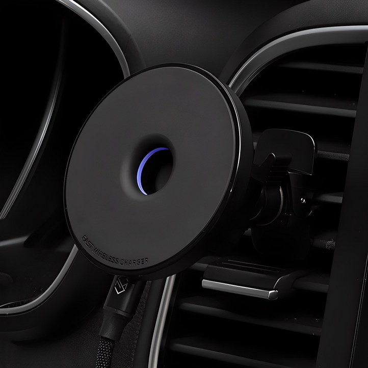 신지모루 맥세이프 자력 탈부착 차량 거치 M 도넛 무선충전기, 블랙, SMACARMDNUT