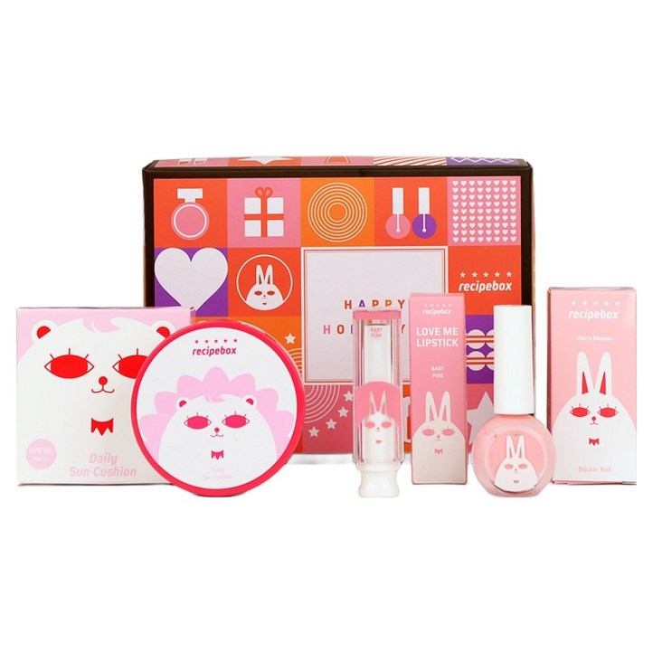 레시피박스 어린이 화장품 B 선물세트, 1세트, 매니큐어 체리블라썸  선쿠션  립스틱 베이비 핑크  선물박스
