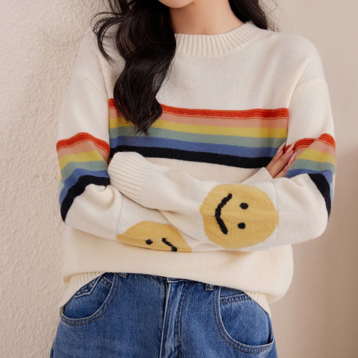 뮤리엘 여성용 스마일 이모티콘 레인보우 니트 티셔츠