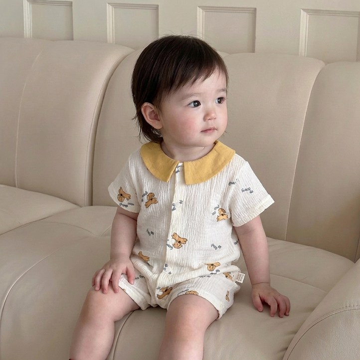 베베니즈 신생아용 엠보패턴 거즈 반팔우주복