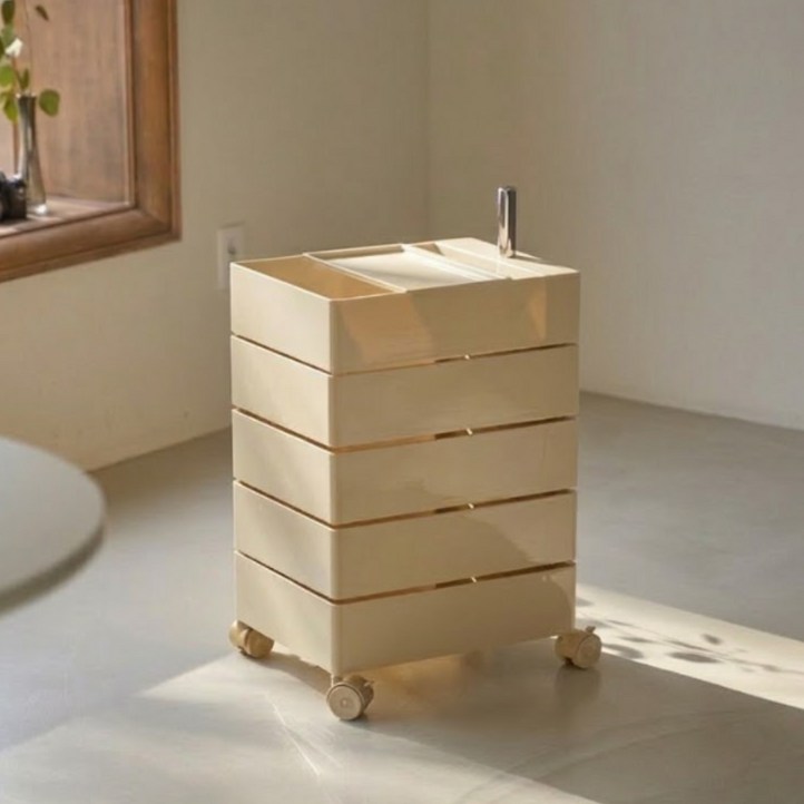 가구앤하우스 피보 360도 회전 이동 서랍 사각 트롤리 컨테이너 틈새 수납장, 크림, 5단