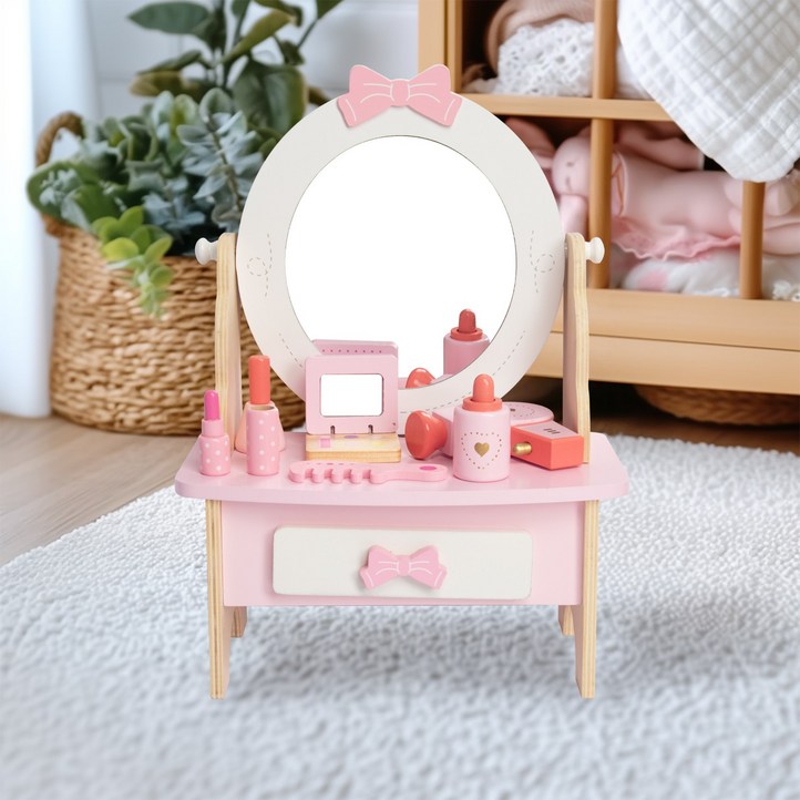 WoodenFun 어린이 원목 핑크 화장대 세트 소꿉놀이 접이식 공주 테이블 화장대 7pcs, 1세트