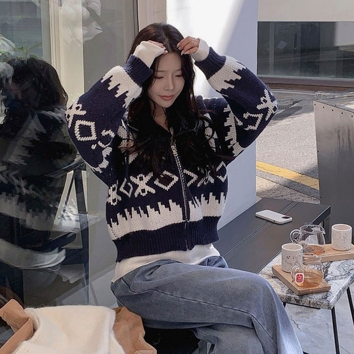 떳다그녀 쇼콜라 눈꽃 노르딕 후드집업 겨울가디건 시보리 보온 배색 니트집업