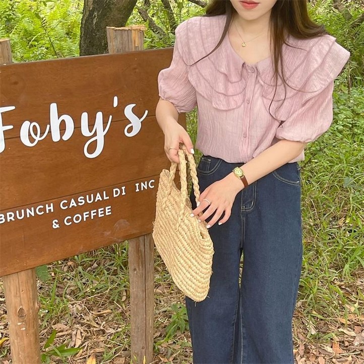 COSYEVNO   여성 봄 여름 반팔 퍼프 소매 프릴 카라 크롭 블라우스 LFHnsdx3