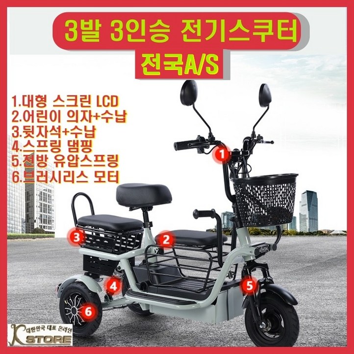 스쿠마켓 800W 3발 전기스쿠터 전진 후진 소형 경량 펫바이크 강아지 짐칸 배터리 탈부착 3인승 접이식 핸들 오토바이 어린이 노인, 화이트, 옵션2 12A 화이트